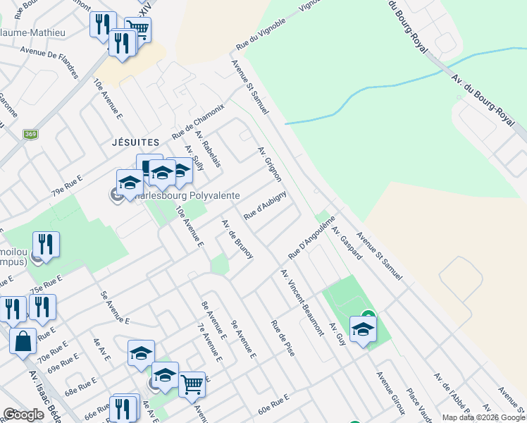 map of restaurants, bars, coffee shops, grocery stores, and more near 1068 Rue d'Aubigny in Québec