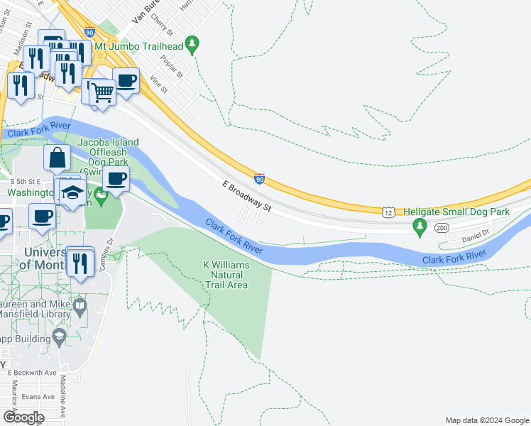 map of restaurants, bars, coffee shops, grocery stores, and more near in Missoula