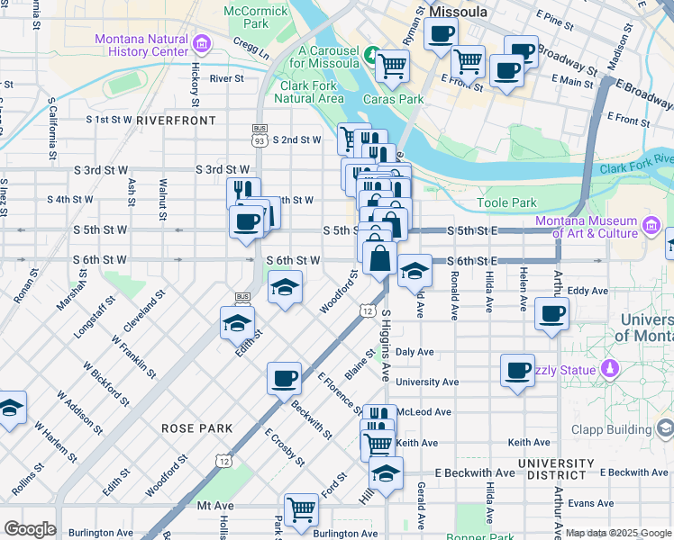 map of restaurants, bars, coffee shops, grocery stores, and more near 205 Woodford Street in Missoula