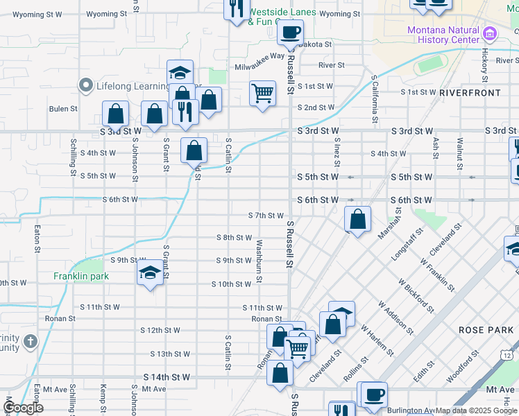 map of restaurants, bars, coffee shops, grocery stores, and more near 1615 S 7th St W in Missoula