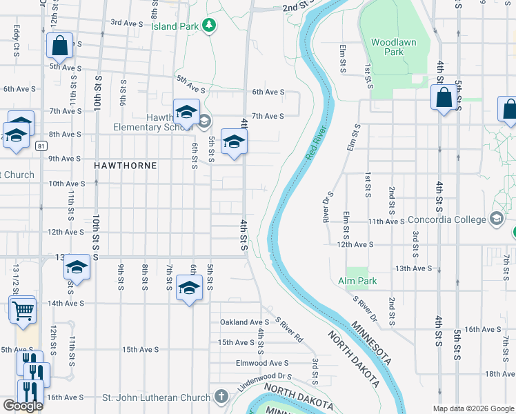 map of restaurants, bars, coffee shops, grocery stores, and more near 316 11th Street North in Fargo