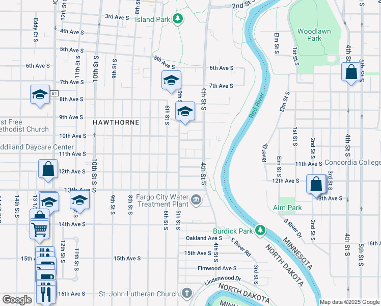 map of restaurants, bars, coffee shops, grocery stores, and more near 1106 5th Street South in Fargo