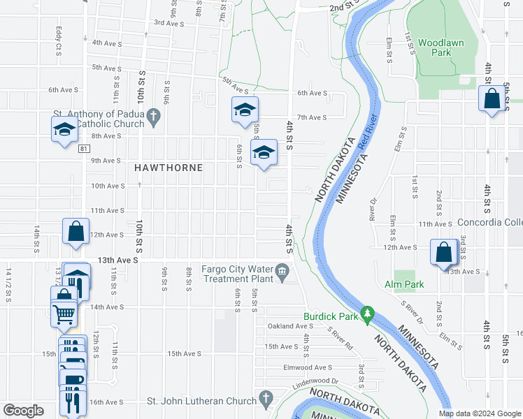 map of restaurants, bars, coffee shops, grocery stores, and more near 1106 5th Street South in Fargo