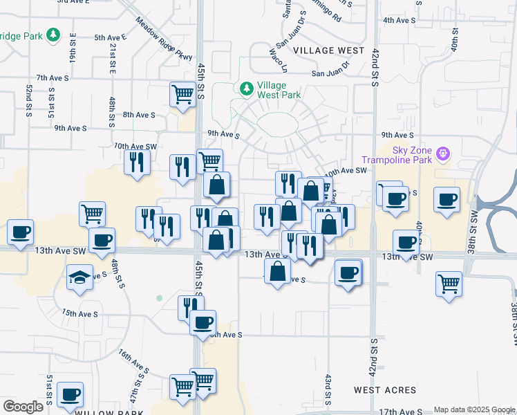 map of restaurants, bars, coffee shops, grocery stores, and more near 1112 44th Street South in Fargo