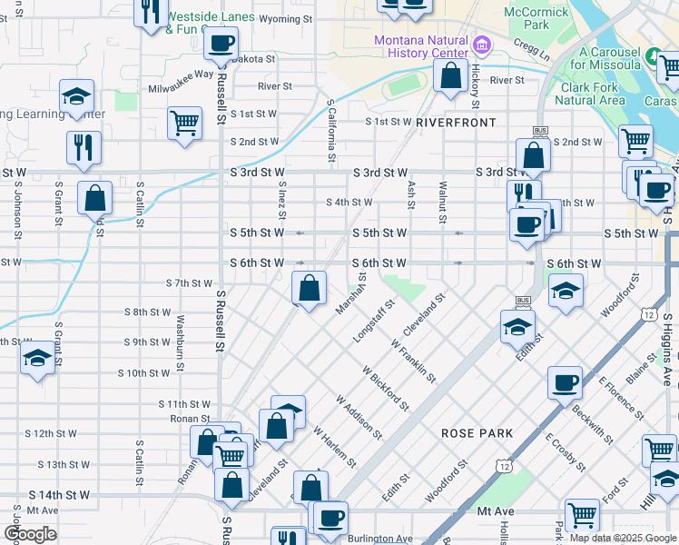 map of restaurants, bars, coffee shops, grocery stores, and more near 521 West Franklin Street in Missoula
