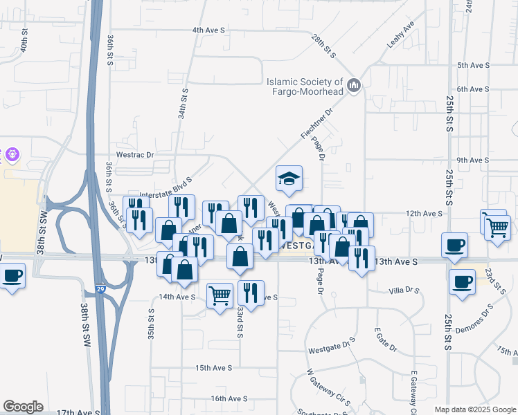 map of restaurants, bars, coffee shops, grocery stores, and more near 1131 Westrac Drive in Fargo
