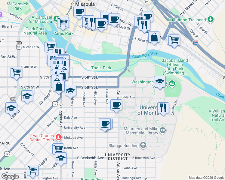 map of restaurants, bars, coffee shops, grocery stores, and more near in Missoula