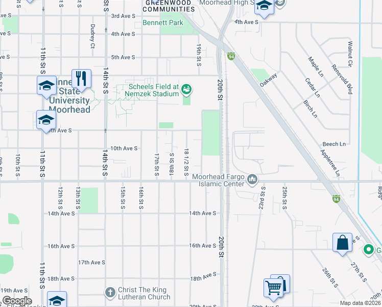 map of restaurants, bars, coffee shops, grocery stores, and more near 1002 18 1/2 Street South in Moorhead