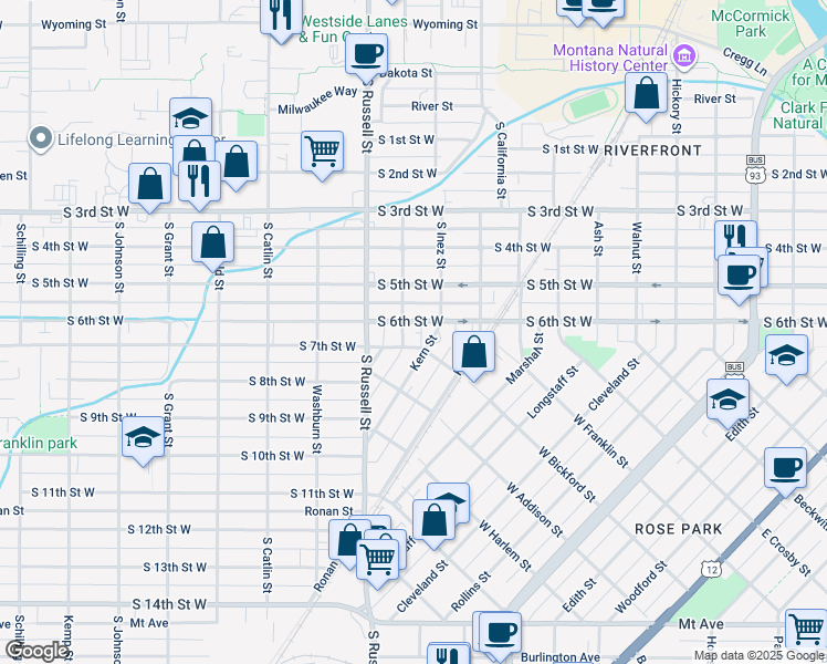 map of restaurants, bars, coffee shops, grocery stores, and more near 1340 South 6th Street West in Missoula