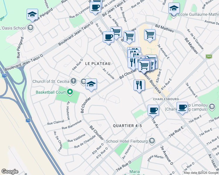 map of restaurants, bars, coffee shops, grocery stores, and more near 8640 Boulevard Cloutier in Québec
