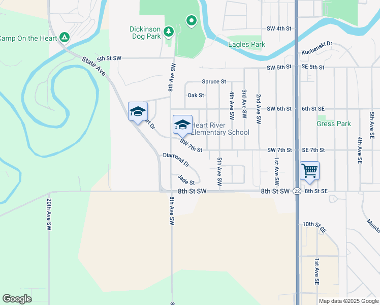 map of restaurants, bars, coffee shops, grocery stores, and more near 719 Southwest 7th Street in Dickinson