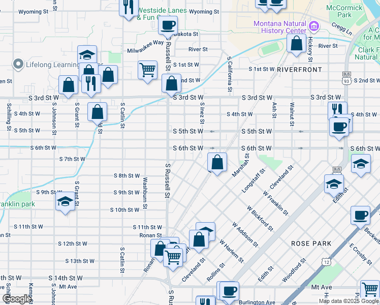 map of restaurants, bars, coffee shops, grocery stores, and more near 1340 South 6th Street West in Missoula