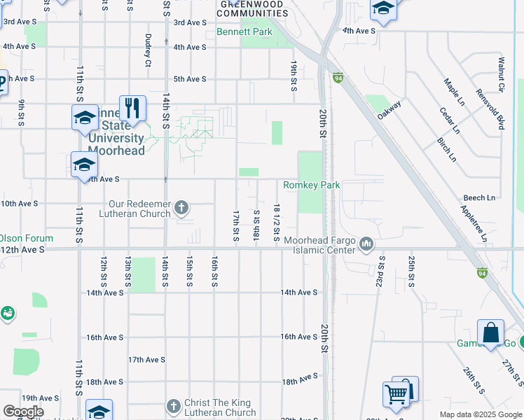 map of restaurants, bars, coffee shops, grocery stores, and more near 912 18th Street South in Moorhead