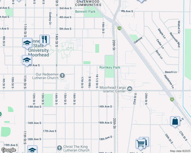 map of restaurants, bars, coffee shops, grocery stores, and more near 1003 18 1/2 Street South in Moorhead