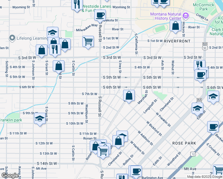 map of restaurants, bars, coffee shops, grocery stores, and more near 1340 South 6th Street West in Missoula