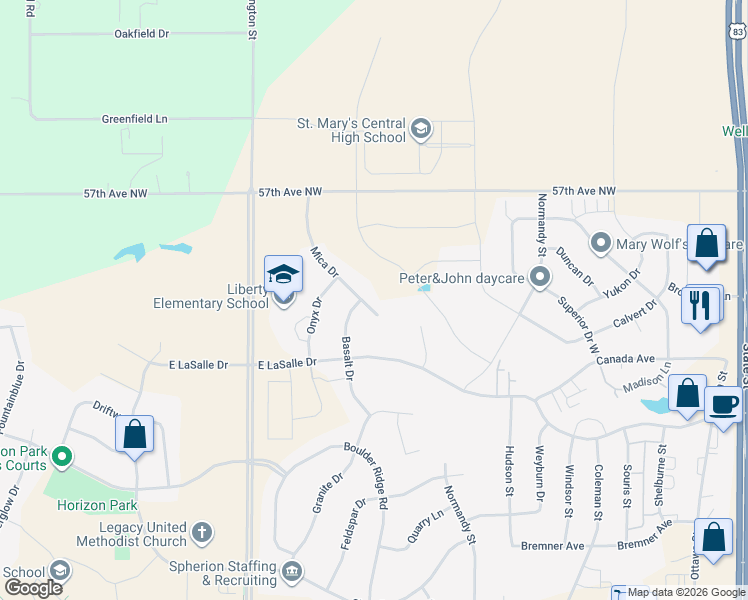 map of restaurants, bars, coffee shops, grocery stores, and more near 5353 Mica Drive in Bismarck