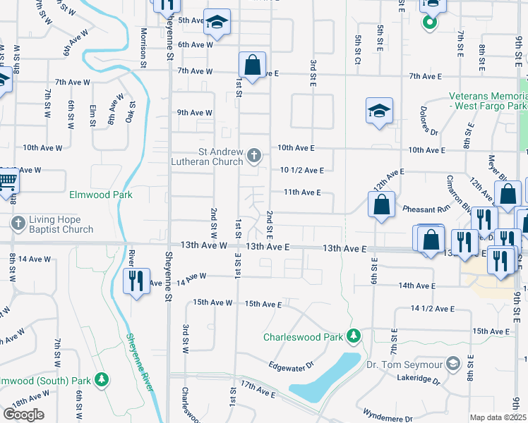 map of restaurants, bars, coffee shops, grocery stores, and more near 1104 2nd Street East in West Fargo