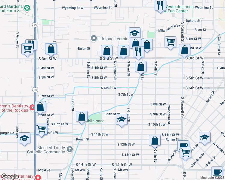 map of restaurants, bars, coffee shops, grocery stores, and more near 2002 South 6th Street West in Missoula