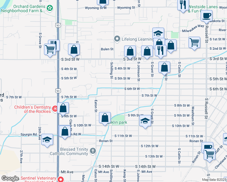 map of restaurants, bars, coffee shops, grocery stores, and more near 720 Schilling Street in Missoula