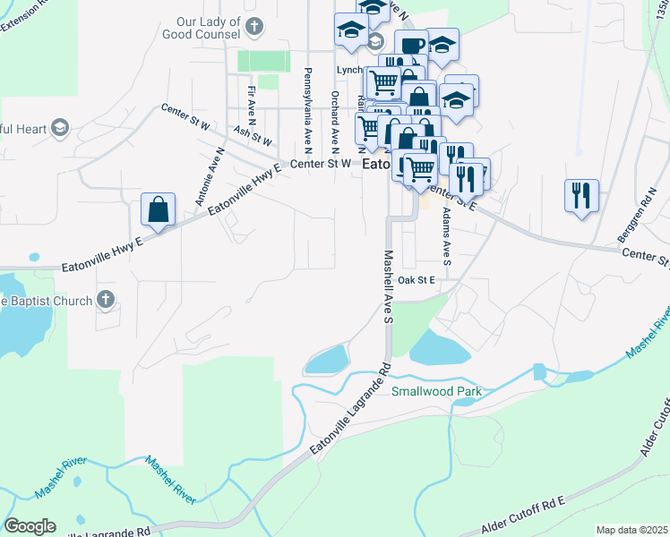 map of restaurants, bars, coffee shops, grocery stores, and more near 301 Orchard Avenue South in Eatonville