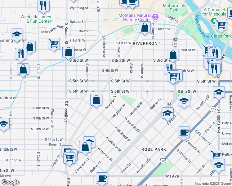 map of restaurants, bars, coffee shops, grocery stores, and more near 1028 South 6th Street West in Missoula