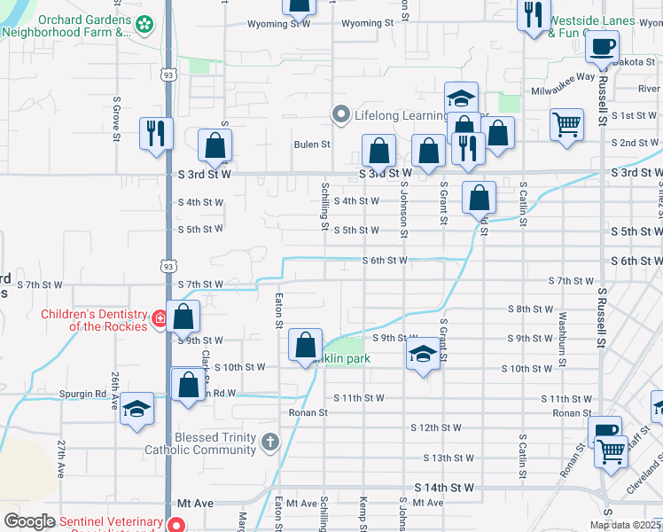 map of restaurants, bars, coffee shops, grocery stores, and more near 720 Schilling Street in Missoula