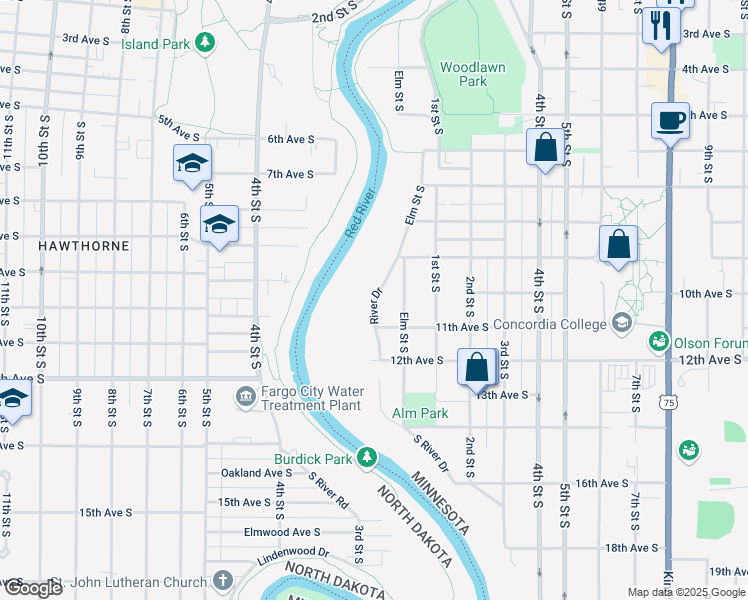 map of restaurants, bars, coffee shops, grocery stores, and more near 919 Elm Street South in Moorhead