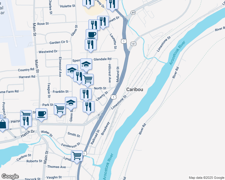 map of restaurants, bars, coffee shops, grocery stores, and more near 36 North Street in Caribou