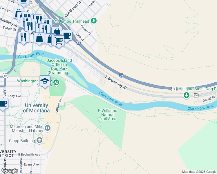 map of restaurants, bars, coffee shops, grocery stores, and more near 1301 East Broadway Street in Missoula