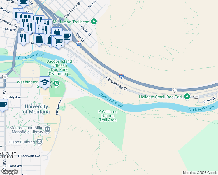 map of restaurants, bars, coffee shops, grocery stores, and more near 1301 East Broadway Street in Missoula