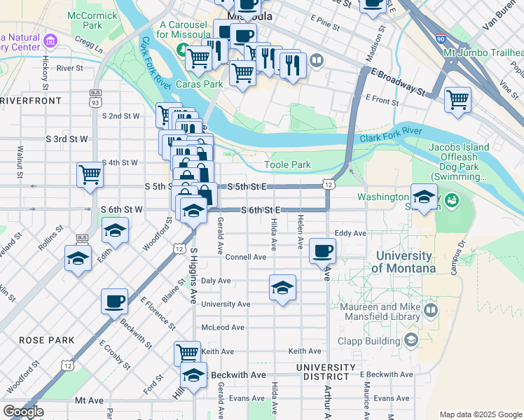 map of restaurants, bars, coffee shops, grocery stores, and more near 701 Ronald Avenue in Missoula