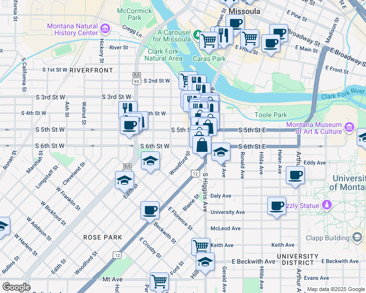 map of restaurants, bars, coffee shops, grocery stores, and more near 234 South 6th Street East in Missoula