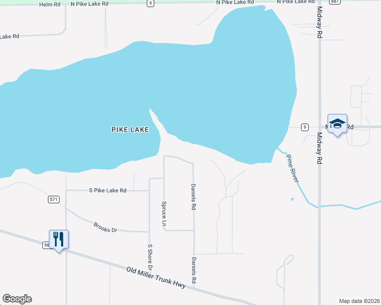 map of restaurants, bars, coffee shops, grocery stores, and more near 5785 South Pike Lake Road in Duluth
