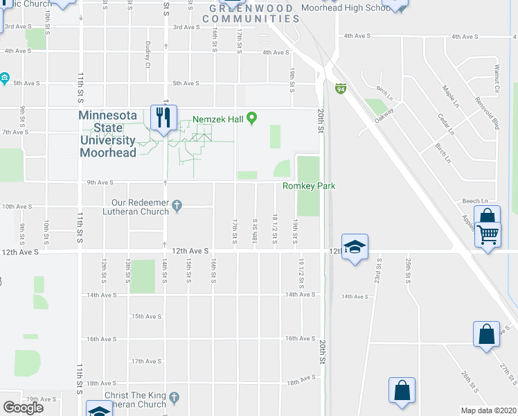 map of restaurants, bars, coffee shops, grocery stores, and more near 912 18th Street South in Moorhead