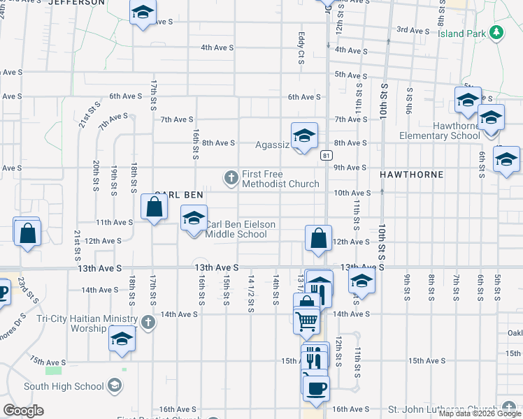 map of restaurants, bars, coffee shops, grocery stores, and more near 1422 10th Avenue South in Fargo