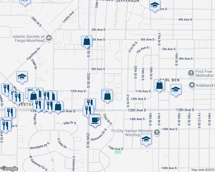 map of restaurants, bars, coffee shops, grocery stores, and more near 1100 22nd Street South in Fargo