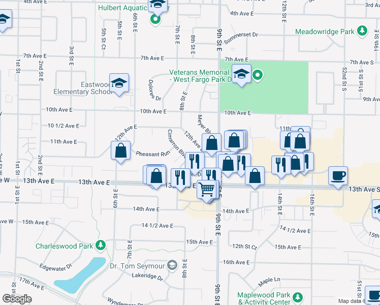 map of restaurants, bars, coffee shops, grocery stores, and more near 852 12th Avenue East in West Fargo