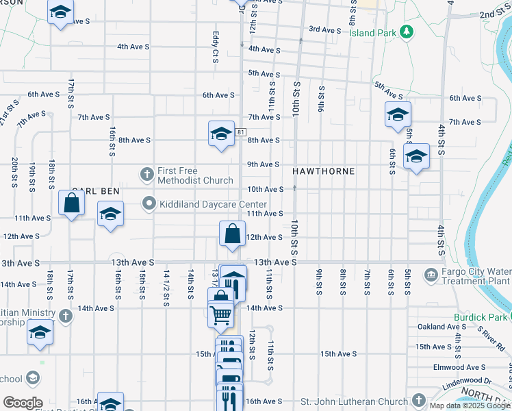 map of restaurants, bars, coffee shops, grocery stores, and more near 1002 University Drive South in Fargo