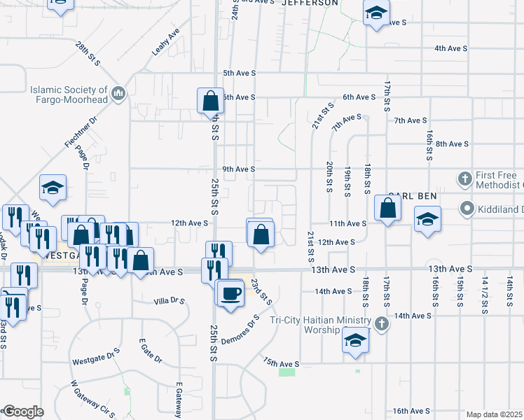 map of restaurants, bars, coffee shops, grocery stores, and more near 1100 22nd Street South in Fargo