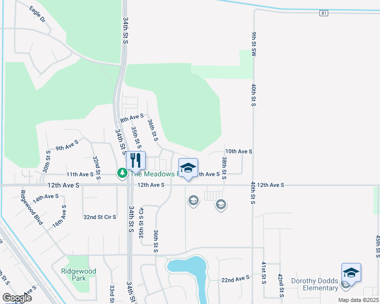 map of restaurants, bars, coffee shops, grocery stores, and more near 1024 36th Street Circle South in Moorhead