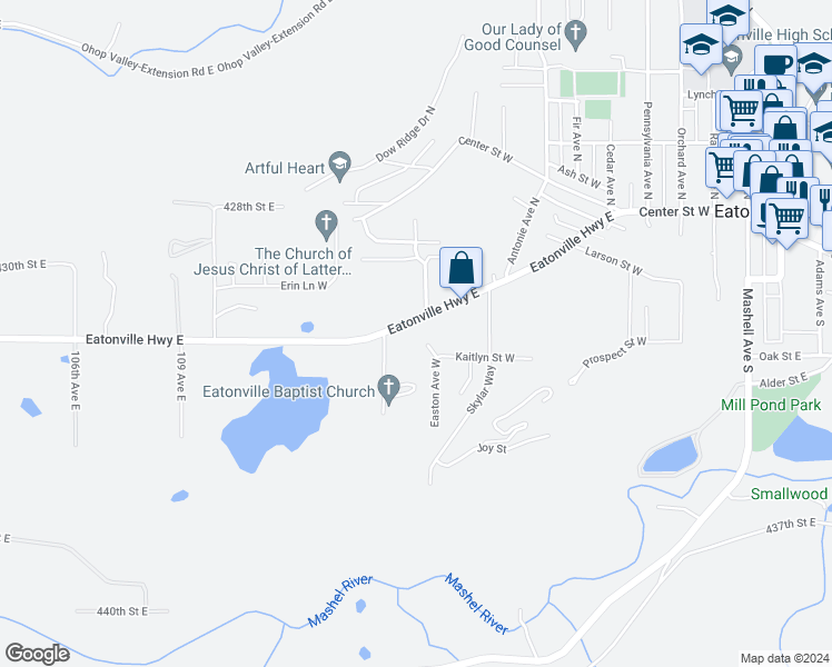map of restaurants, bars, coffee shops, grocery stores, and more near 830 Eatonville Highway East in Eatonville