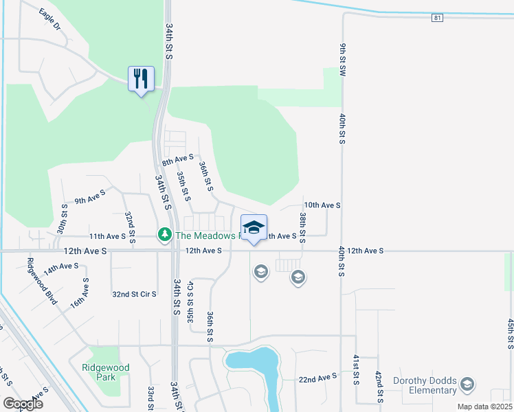 map of restaurants, bars, coffee shops, grocery stores, and more near 1024 36th Street Circle South in Moorhead