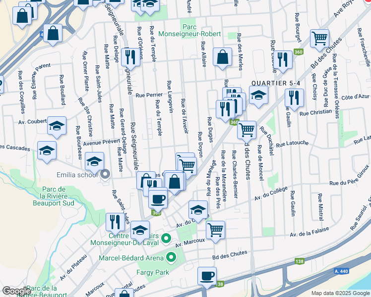 map of restaurants, bars, coffee shops, grocery stores, and more near 25 Rue de l'Avenir in Ville de Québec