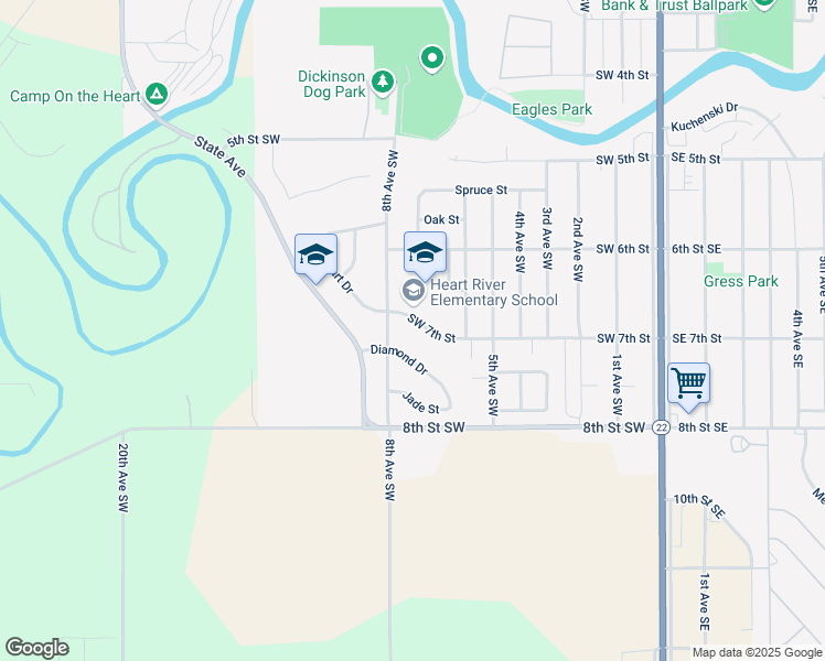 map of restaurants, bars, coffee shops, grocery stores, and more near 719 Southwest 7th Street in Dickinson
