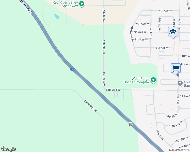 map of restaurants, bars, coffee shops, grocery stores, and more near 15th Street Northwest in West Fargo