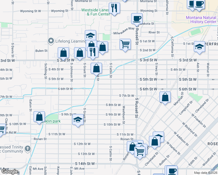 map of restaurants, bars, coffee shops, grocery stores, and more near 703 South Catlin Street in Missoula