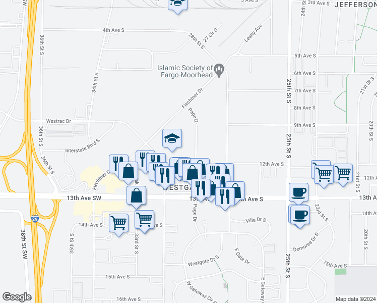 map of restaurants, bars, coffee shops, grocery stores, and more near 1015 Page Drive in Fargo