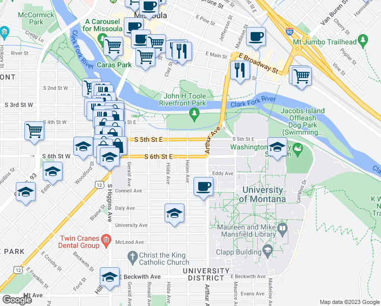 map of restaurants, bars, coffee shops, grocery stores, and more near 502 South 6th Street East in Missoula