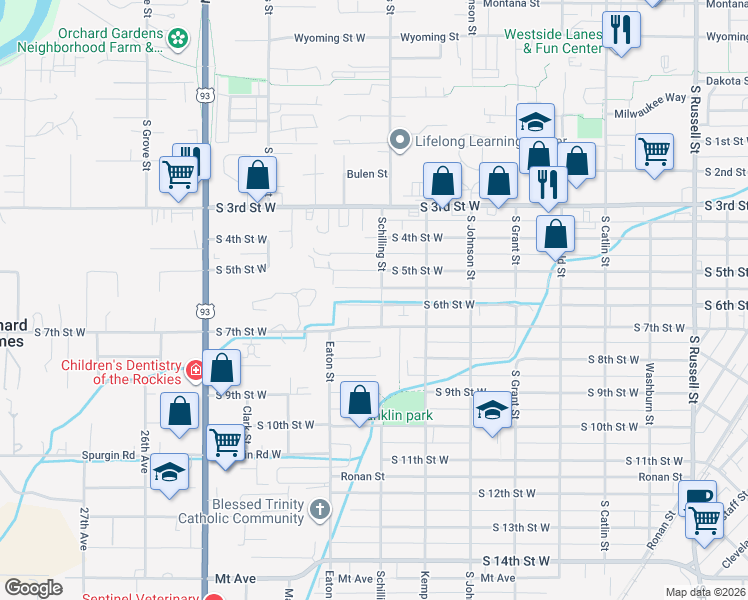 map of restaurants, bars, coffee shops, grocery stores, and more near 2223 South 5th Street West in Missoula