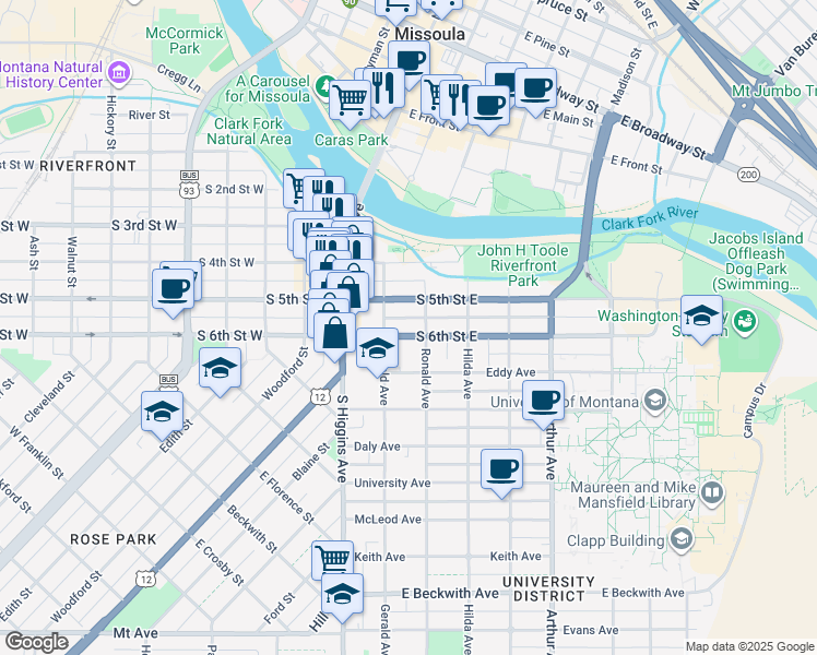 map of restaurants, bars, coffee shops, grocery stores, and more near 226 South 6th Street East in Missoula